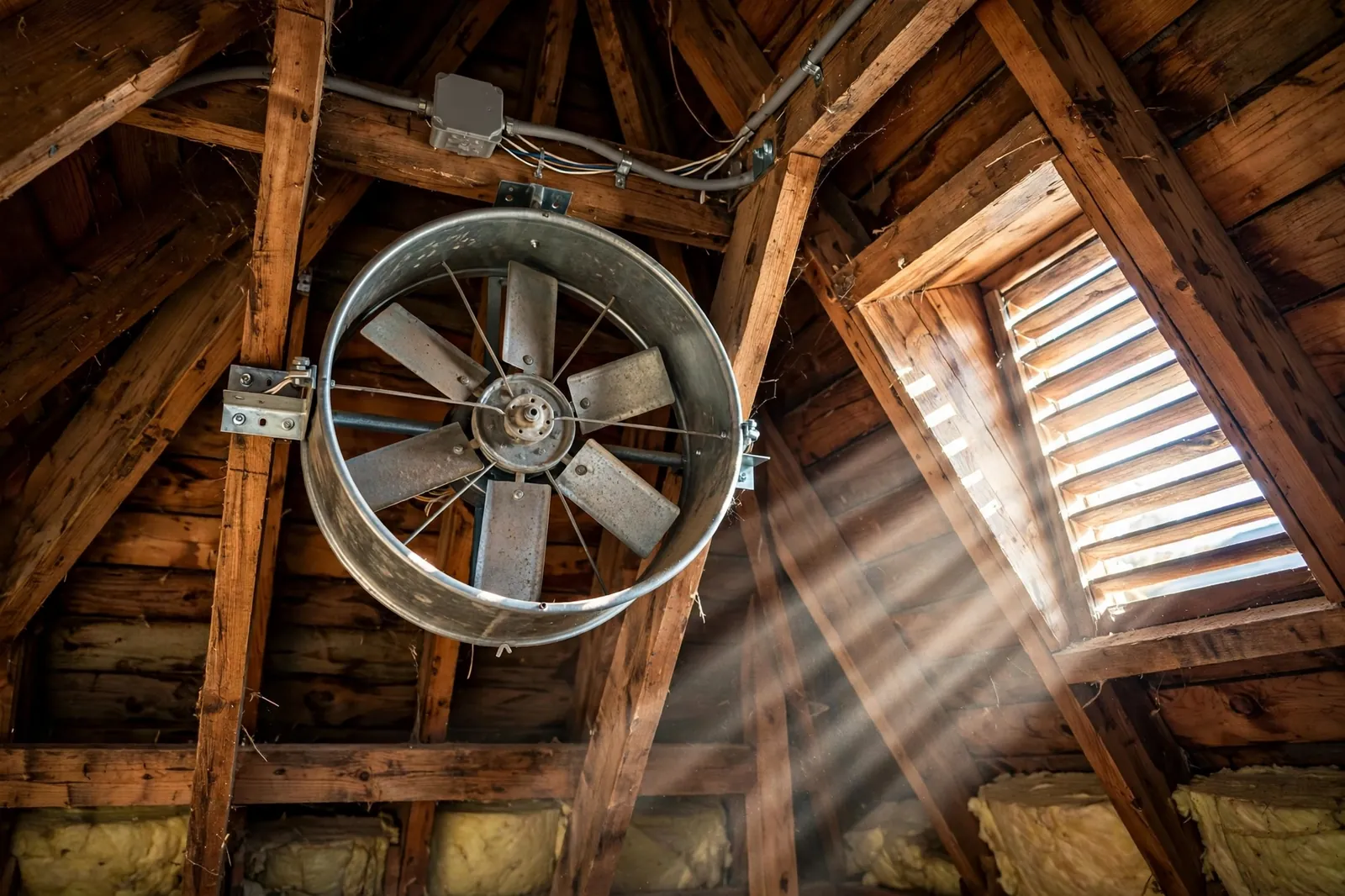 Whole-house attic fan installed between roof rafters