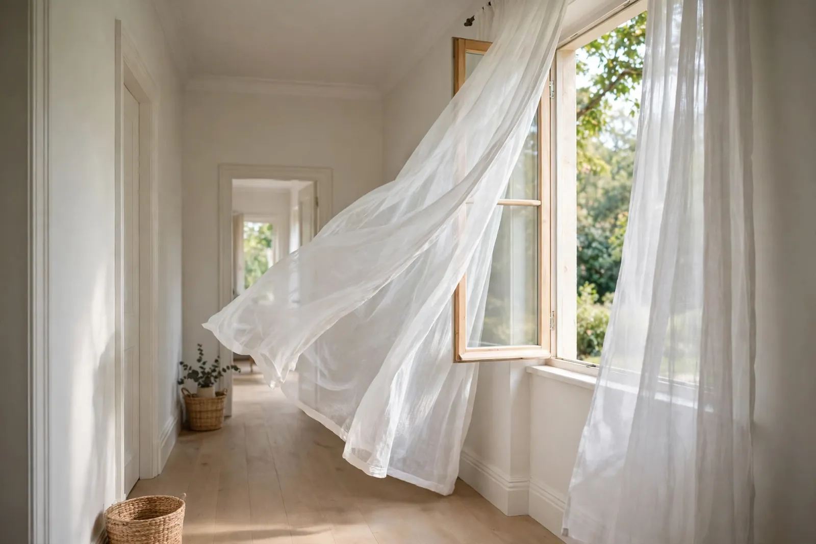 Sheer curtains billowing as cool air flows through a hallway